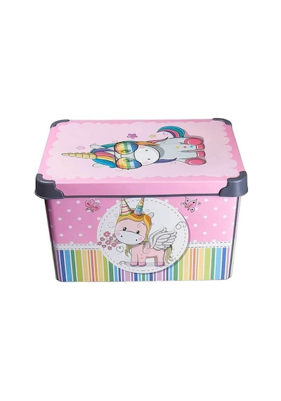 Style Box Retro Unicorn Desenli 20 L Dekoratif Oyuncak Ve Saklama Kutusu Gri Çok Renkli