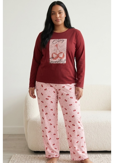 Siyah İnci Pamuklu Likralı Büyük Beden Battal Boy Örme Pijama Takım 26240895 Bordo