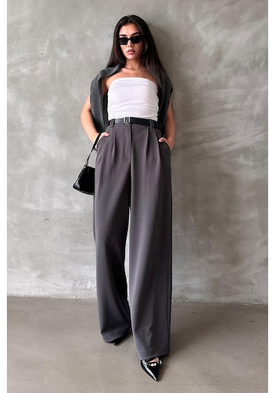 Madmext Füme Çift Pileli Kemerli Pantolon Mg2330 Füme