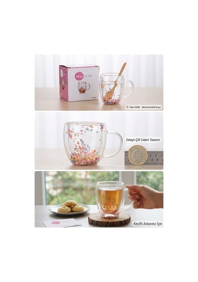 Borosilikat Çift Cidarlı Renkli Konfetili 350 Ml Cam Kupa / Isıya Dayanıklı Çift Katmanlı Bardak Diğer