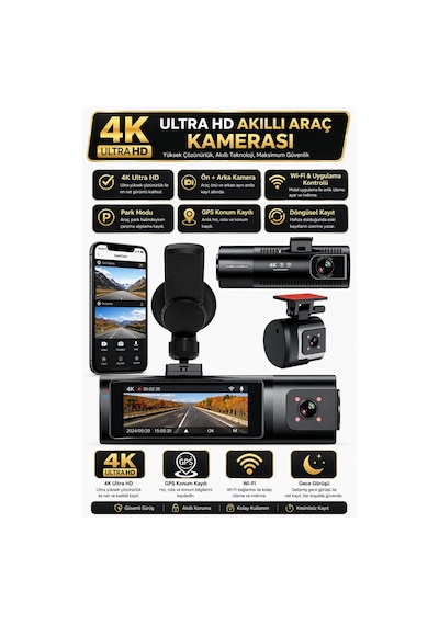 K17 4k Araç Kamerası Ön-arka Çift Lens Wifi Gps Dash Cam Gece Net Kayıt Araç İçi Güvenlik Kamerası