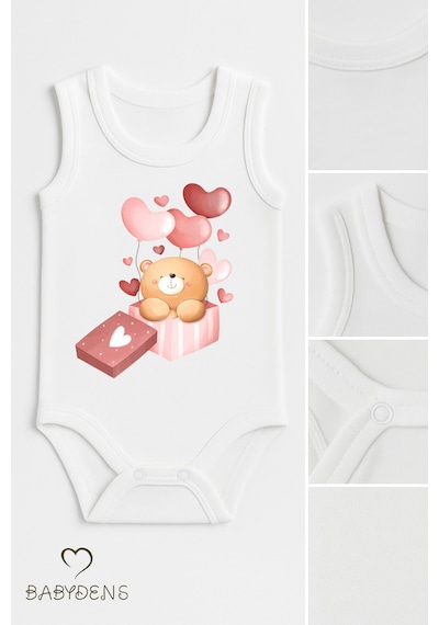 Babyden's 3 Lü Bebek Body Seti %100 Pamuk Ayıcık Desenli Unisex Bebek Body Kolsuz Çıtçıtlı Zıbın Beyaz