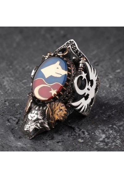 925 Ayar Gümüş Ayarlanabilir Bozkurt Ayyıldız Türk Zihgir Erkek Yüzük