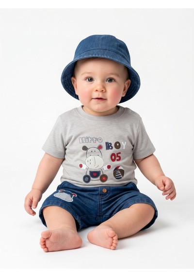 Lika&Nika Erkek Bebek Şapkalı Takım Hippo Baskılı Kısa Kollu Tişört Ve Denim Şort 3'lü Yazlık Bebek Takımı Bej