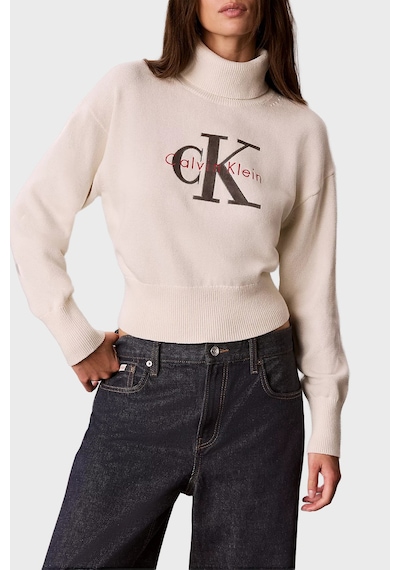 Calvin Klein Logolu % 100 Pamuk Balıkçı Yaka Kazak Lv047h329gyas Kadın Kazak Lv047h329g Yas Krem
