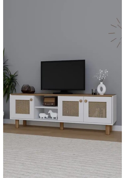 Bohem Serisi Garden Meşe - Beyaz Pvc Hasır Desen Tv Ünitesi Açık Ceviz & Beyaz