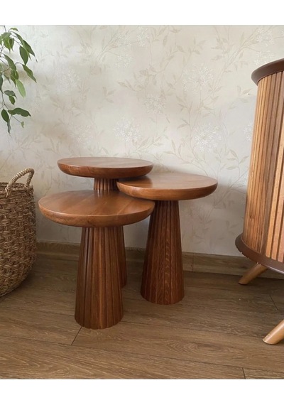 Ahşap 3 Lü Set Mantar Yan Sehpa Açık Ceviz Renk Fiskos / Wooden Coffee Table / Dekoratif Çiçeklik Ceviz