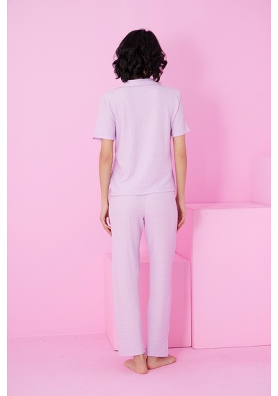 Siyah İnci Bürümcük Krınkıl Kumaş Örme Düğmeli Pijama Takım7873 Lila