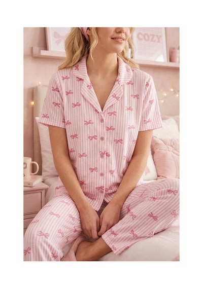 Fit Women Pembe Kurdele Desenli Bürümçük Kumaş Kısa Kollu Pijama Takımı 6064