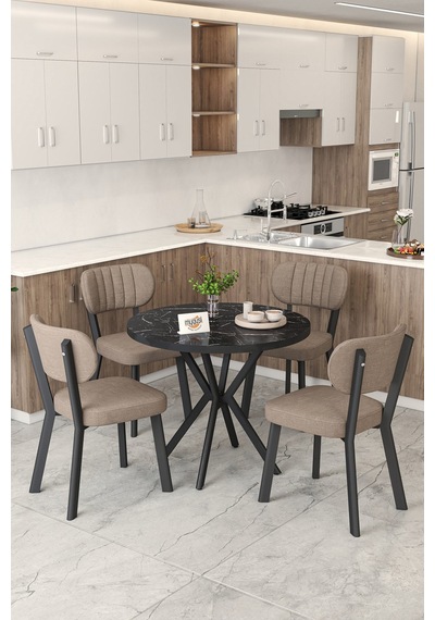 Gnr 90cm Sabit Siyah Mutfak Masası Takımı, Yemek Masası, 4 Modern Cappucino Sandalye Cappuccino