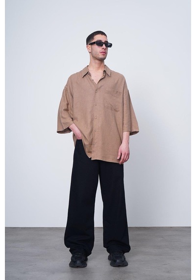 Kahverengi Basic Yarım Kollu 1b Ch Oversize Gömlek Kahverengi