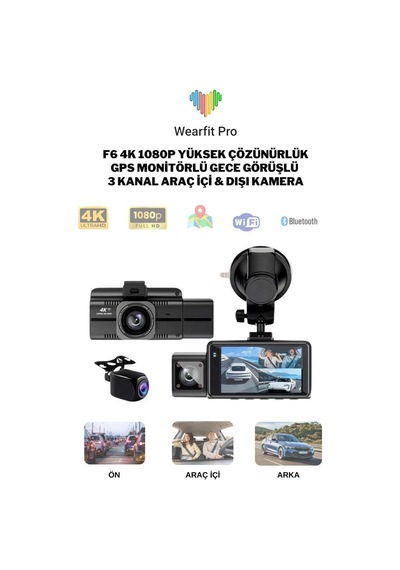 F6 4k 1080p Monitörlü Gece Görüşlü 3 Kanal Wifi/gps Li Döngü Kayıtlı Araç Iç Dış Kamera - G6t