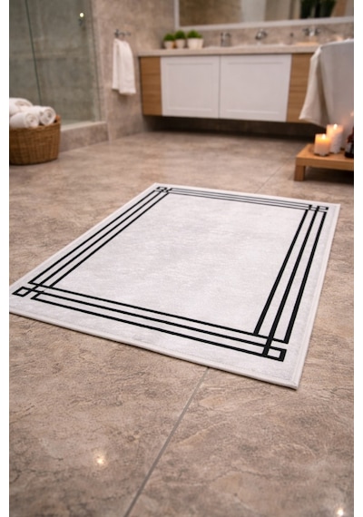 Modern Çizgili Çerçeve Banyo Paspası Kaydırmaz Tabanlı Yumuşak 2 Li Set Beyaz