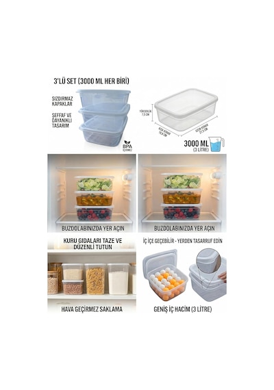 Kapaklı Saklama Kabı 3'lü Set, 3000 Ml Her Biri, Şeffaf, Bpa İçermez, Hava Geçirmez, İstifleneb