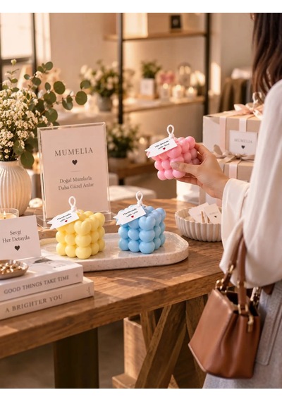 Mumelia Kalp Küplü Bubble Doğal Soya Blok Dekoratif Mum - Mor