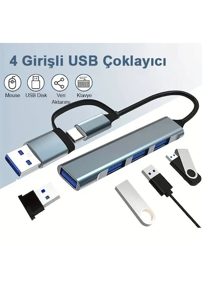 Zey Osqar Type C Usb Çoklayıcı 3.0 Usb Çoğaltıcı 4 Port Hem Type C Hem Usb Girişli