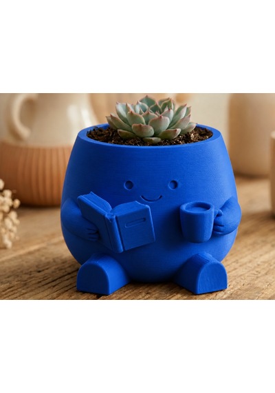 3d Baskı Kitap Okuyan Saksı - Kupa Tutan Sevimli Saksı-mavi Çok Renkli