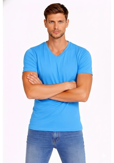 Novalisse Erkek Body T-shirt V Yaka Slim Fit Likralı Kısa Kol Tişört - Açık Mavi Çoklu Renk