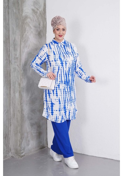 Polologin Butik Mavi Desenli Tunik Ve Pantolon Takım Mavi & Beyaz