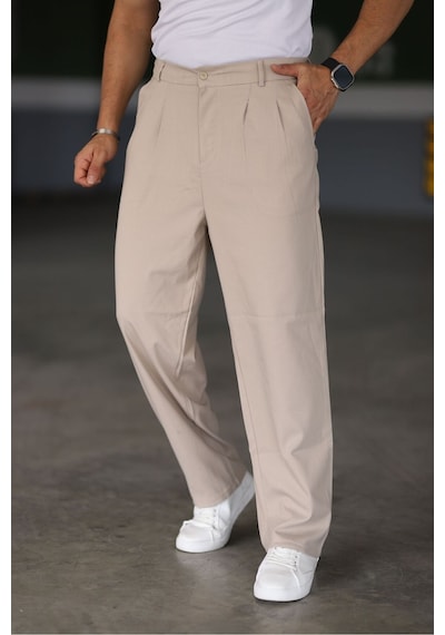 Bürke Baggy Çift Pileli Krem Renk Beli Lastikli Kaliteli Rahat Kesim Klasik Bol Paça Baggy Pantolon