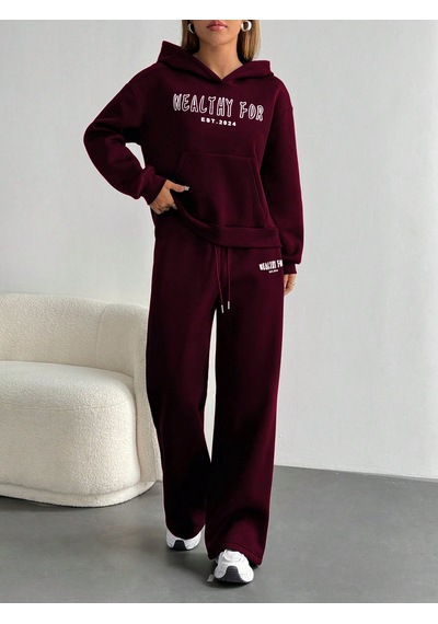 Macklin Unisex Kadın Erkek Healty For Baskılı Oversize 3 İplik Kapüşonlu Sweatshirt Ve Baggy Eşofman Altı Bordo
