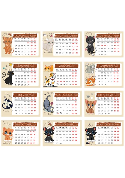 2027 Kedi Masa Takvimi 10x15 Cm Ebat - Mini Şövalesi İlebirlikte Diğer