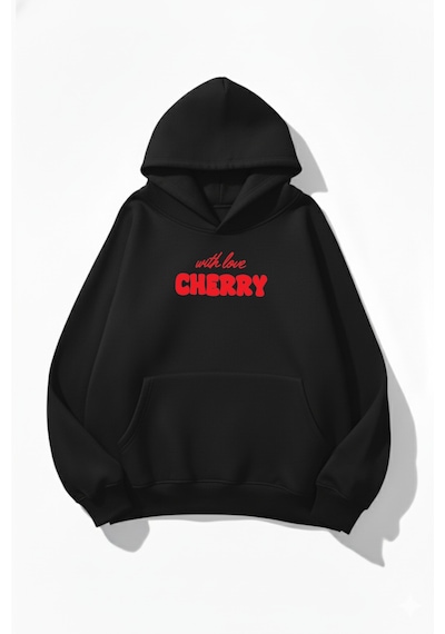 Uyguntarz Unisex Yumuşak Dokulu With Love Cherry Baskılı Tasarım Oversize 3 İplik Hoodie Sweatshirt siyah