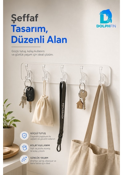 5 Kancalı Şeffaf Yapışkanlı Duvar Askılığı Delmeden Montaj -şeffaf