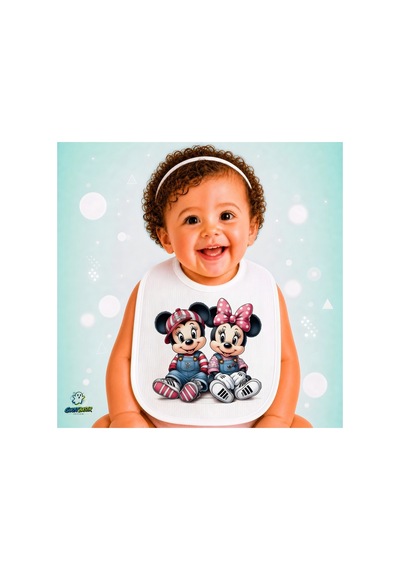 Mickey Ve Minnie Keten Bebek Mama Önlüğü Yumuşak - Emici - Yıkanabilir - Özel Tasarım P133 Çok Renkli