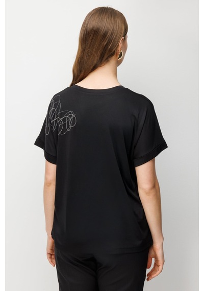 On Kadın Büyük Beden Tek Omzu Zincirli V Yaka T-shirt 71368 Siyah