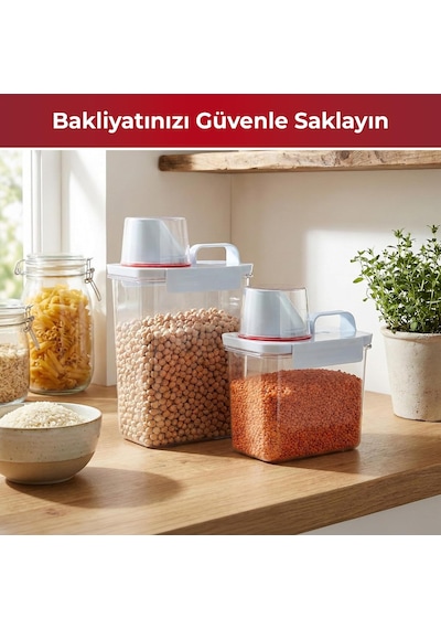 2 Li Saklama Kabı Sıkı Kapanan Ölçekli Kapak, Sızdırmaz Erzak Bakliyat Ve Deterjan İçin Çok Amaçlı Set 1100 Ml 1800 Ml