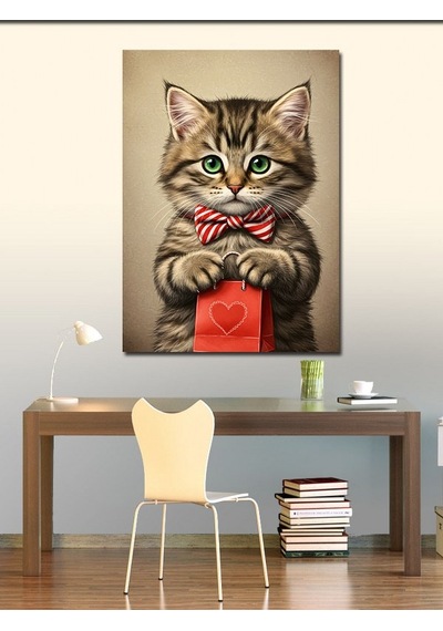 Kanvas Tablo Fiyonklu Kedi Ve Şirin Hediye 50cmx70cm