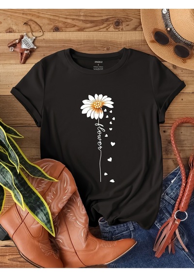 Uyguntarz Unisex Flowers Baskılı Tasarım Tshirt Siyah