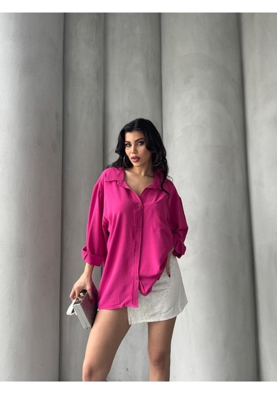 Paw Garage Kadın Flory Ayrobin Oversize Tek Cep Gömlek Pembe