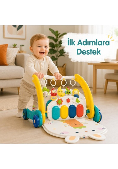 Piyanolu 2'si 1 Arada Bebek Yürüteci Ve Tavşan Desenli Mavi Oyun Halısı, Müzikli Aktivite Oyuncağı Bıb-6015