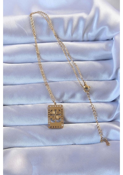 316l Altın Renk İşlemeli Yonca Model Vintage Kolye Çok Renkli