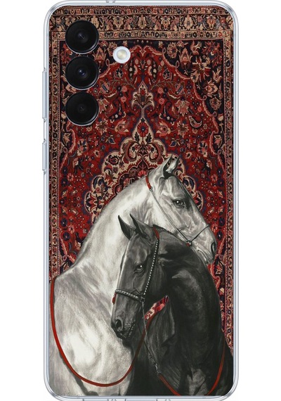 Samsung Galaxy S26+ Plus Uyumlu Geleneksel Halı Motifli Siyah Beyaz At Baskılı Silikon Kılıf Renkli