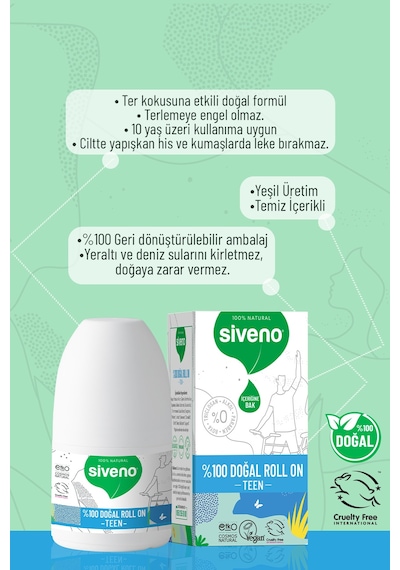 Siveno %100 Doğal Roll-On Teen Blue Genç Erkek Deodorant Ter Kokusu Önleyici Bitkisel Lekesiz Vegan 50 ML