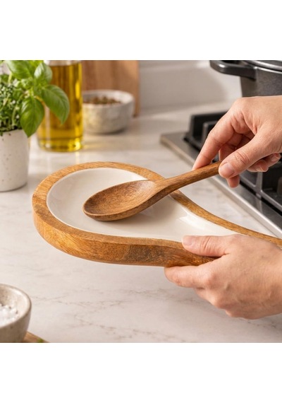 Mango Ağacı Yatay Kaşıklık 25 X 12 Cm, Parlak Krem İç Yüzeyli Ahşap Kaşık Altlığı, Kepçe, Spatula Ve Servis Gereçleri İçin Mutfak Tezgâhı Düzenleyici