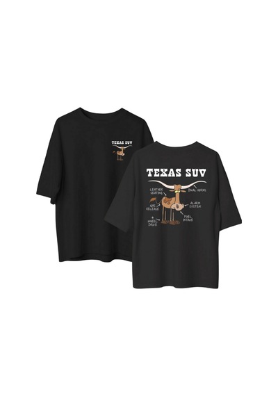 Qmen Style Unisex Siyah Oversize Baskılı T-shirt Texas Suv %100 Pamuk Beyaz