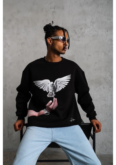Erkek Güvercin Baskılı 3 İplik Bisiklet Yaka İpamuklu Sweatshirt - Siyah