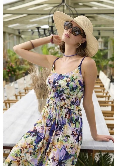 Angbutik Çiçek Ve Yaprak Desenli İp Askılı Tulum Mor