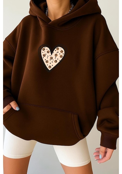 Benroma 3 İplik Penye Kalp Unisex Kapüşonlu Sweat Kahverengi