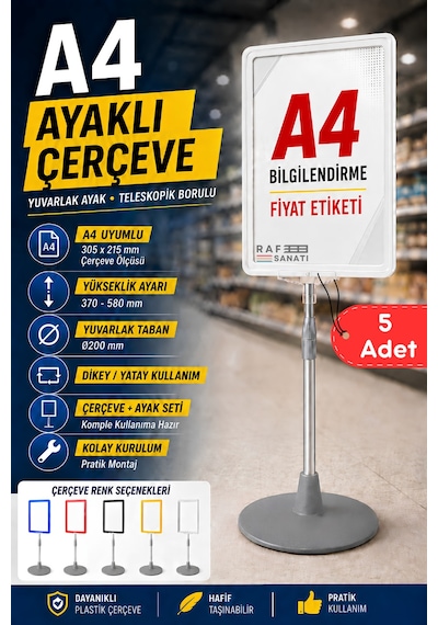 5 Adet - A4 Ayaklı Çerçeve Seti Yuvarlak Tabanlı Teleskopik Fiyat Etiketi Standı Beyaz