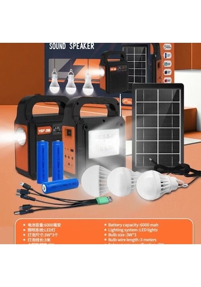 Kamp Lambası Güneş Enerjili Aydınlatma Sistemi 3ampul,powerbank,ışıldak,radyo,müzik Speaker,usb/tf 6000 Mah-gsu-200 Siyah