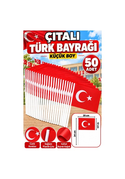 Çıtalı Bayrak Kağıt 20x12 Cm 50 Adet Ay Yıldızlı Türk Bayrağı Çıtalı Sopalı Küçük Bayrak Plastik Çubuklu Bayrak Diğer