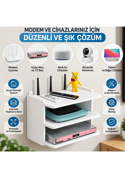 Duvara Monte 3 Raflı Modem Uydu Telefon Kumanda Vb Eşya Düzenleyici Raf Al5348 Beyaz