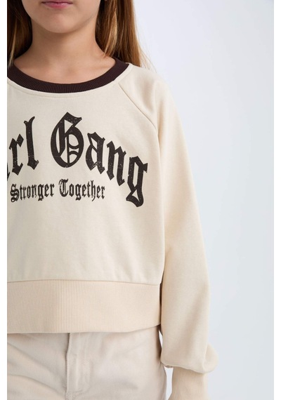 DeFacto Kız Çocuk Relax Fit Bisiklet Yaka Baskılı İçi Yumuşak Tüylü Sweatshirt D7042A824WNBG734 Bej