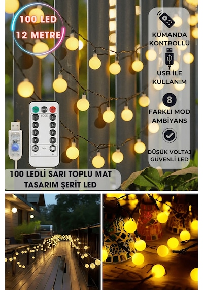 Technosmart 100 Ledli Usbli Kumandalı 8 Modlu 12 Metre Toplu Işık Parti Süsleme Organizasyon Sarı