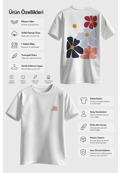 Spoyi Pastel Çiçekler Tasarımlı %100 Pamuk Yarım Oversize Beyaz T-shirt